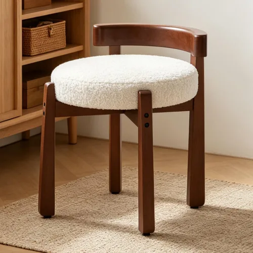 Vista 10 de DUOMAY Taburete de tocador de felpilla beige con respaldo bajo, altura del asiento de 18.75 pulgadas, otomana redonda tapizada, patas de goma