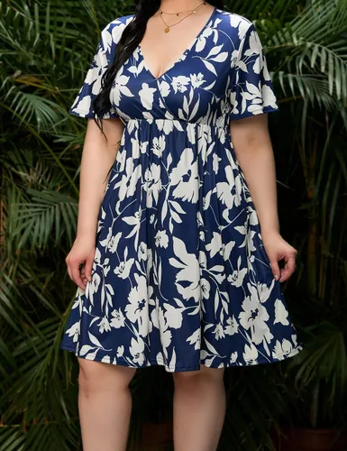 Vista 6 de ShopWonder Vestido de talla grande para mujer, con cuello en V, acampanado, largo hasta la rodilla, vestido de fiesta, minivestido de fiesta