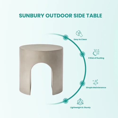 Vista 4 de SUNBURY Mesa auxiliar de hormigón al aire libre, mesa auxiliar redonda de patio de 16 pulgadas de ancho con forma de arco Mesa decorativa
