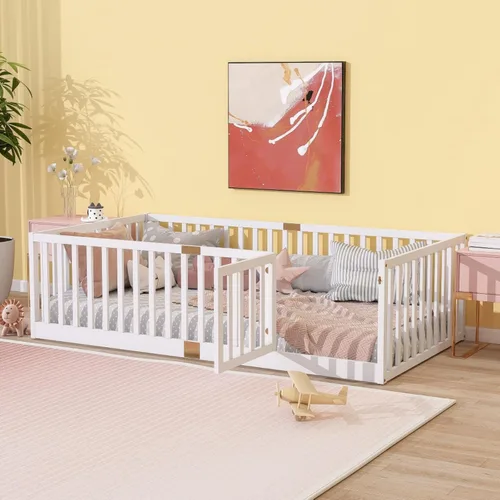 Vista 5 de Cama Montessori de madera tamaño matrimonial con valla de alta Blanco (White F)