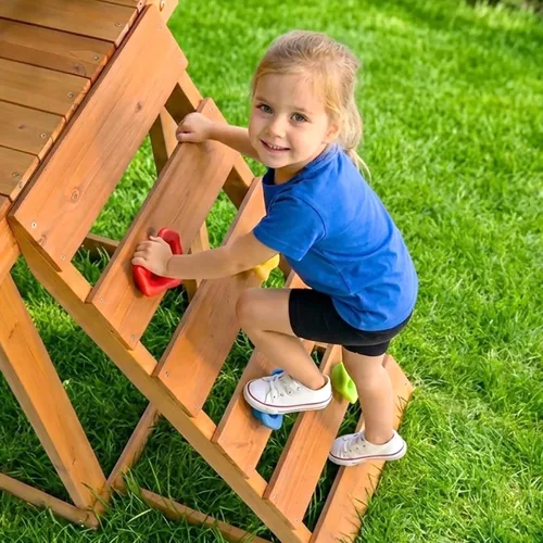 Vista 7 de SUNIBOXI Juegos de columpios de madera para patio trasero, juego de parque infantil al aire libre con barras de mono, tobogán ondulado, 2 columpios