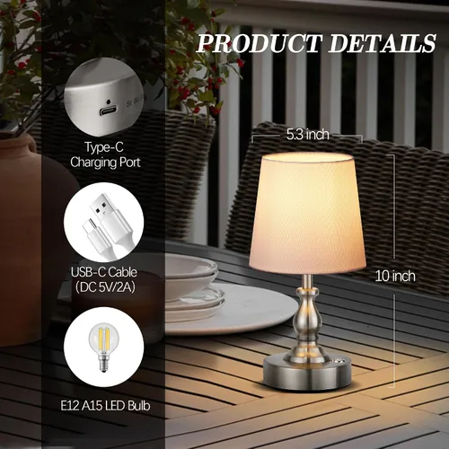 Vista 5 de PARTPHONER Mini lámpara de mesa LED inalámbrica, lámpara recargable con batería de 5200 mAh, lámpara operada por batería, 3 niveles de brillo