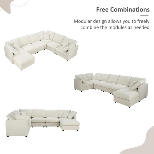 Vista 9 de Sofá modular de 117 pulgadas, sofá modular de felpilla en forma de U con otomana móvil, moderno sofá modular de 7 asientos para sala de estar, Beige