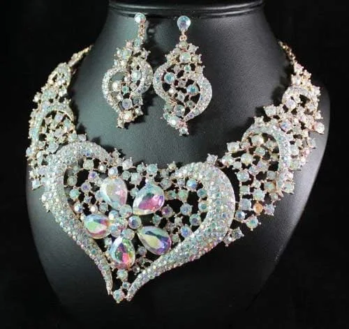 Vista 4 de janefashions Corazón Oro Rhinestone austríaco Crystal babero collar arete set nupcial n1620g (Oro)