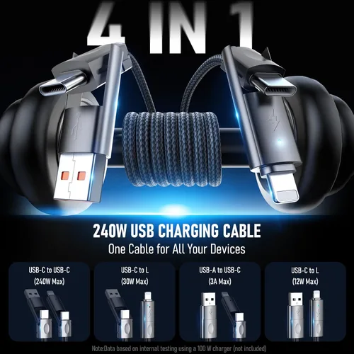 Vista 2 de Cable USB C a USB C de 6 pies de 240 W, cable de carga 4 en 1, cable de carga rápida trenzado con puerto tipo C/USB A/L para iPhone 16/15/14 Series
