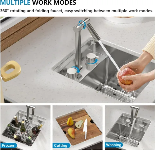 Vista 6 de Fregadero de cocina de 13 x 15 pulgadas de montaje bajo encimera - Fregadero de cocina de acero inoxidable 304 calibre 16 bajo mostrador con grifo
