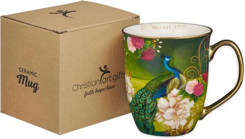 Vista 6 de Taza de café de cerámica azul pavo real de Christian Art Gifts con acentos dorados – Taza de 14 oz. libre de plomo y cadmio, taza inspiradora