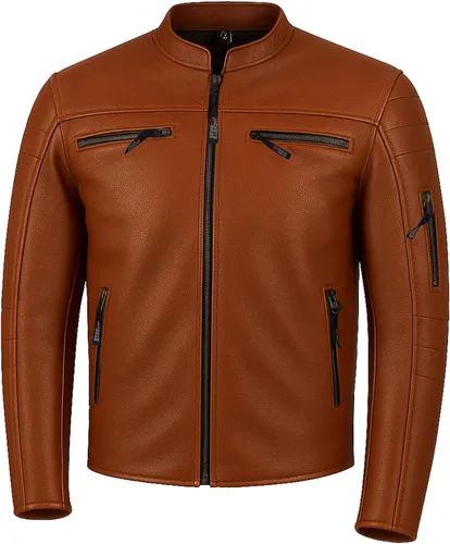Vista 10 de Revolt - Chaqueta de motocicleta para hombre, piel de búfalo natural, armadura CE, ventilación, crucero, motorista, turismo, negro, talla XXL Marrón