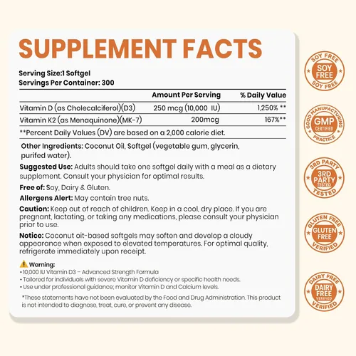 Vista 2 de VEV Corefeel Vitamina D3 K2 10,000 UI, 200 mcg MK-7, 300 cápsulas blandas