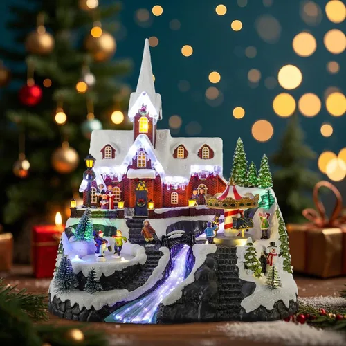 Vista 7 de Casa de iglesia de pueblo navideño de 15 pulgadas, escena animada de invierno con patinadores, carrusel giratorio, luces de fibra óptica y música