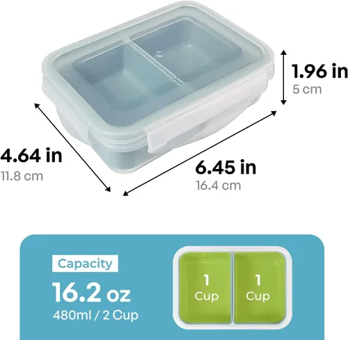 Vista 4 de Recipiente para alimentos con 2 compartimentos, color verde, 2 tazas (16.2 fl oz) Recipientes para aperitivos, compartimentos extraíbles, tapas