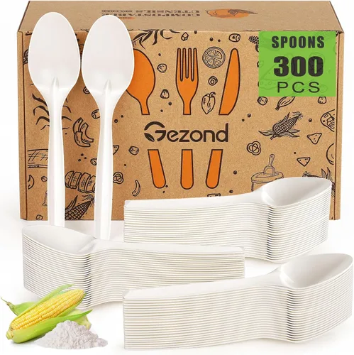 Vista 10 de Gezond - Cucharas compostables, paquete de 50 cucharas desechables de 6.7 pulgadas, resistentes Utensilios grandes biodegradables ecológicos