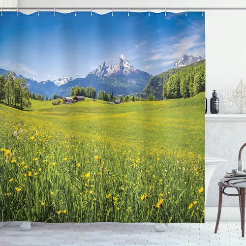 Vista 148 de Ambesonne Decor Collection, juego de cortina con ganchos para regadera Amarillo y marrón