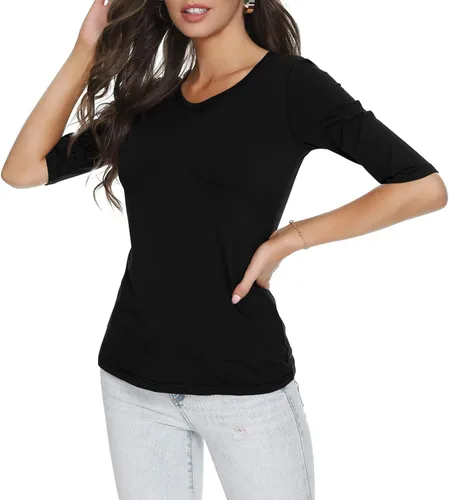 Vista 3 de Camiseta casual de media manga con cuello redondo para mujer, color liso, básica, ajustada, de algodón