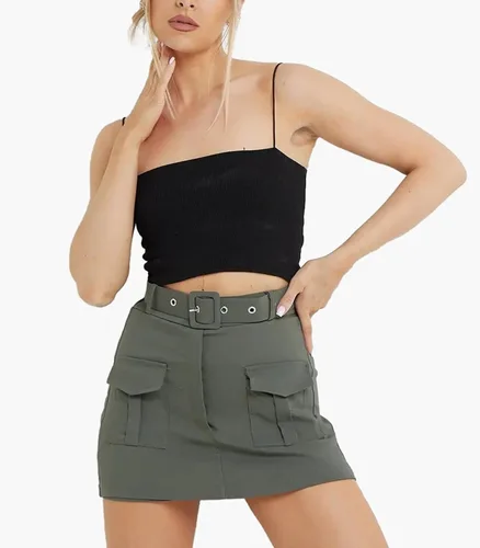 Vista 5 de Vigorics Pantalones cortos para mujer, de cintura alta, de punto, con bolsillos de solapa y cinturón