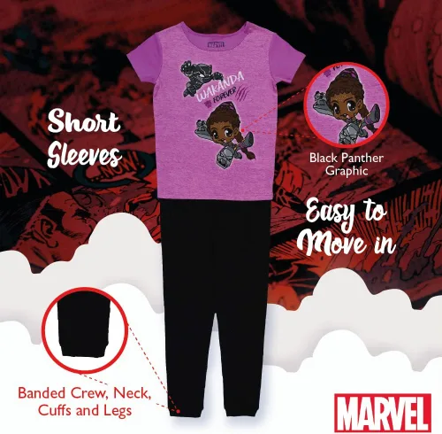 Vista 4 de Marvel Girls' Black Panther Wakanda Forever Groot 2-Piece Snug-fit Cotton Pajamas Set
