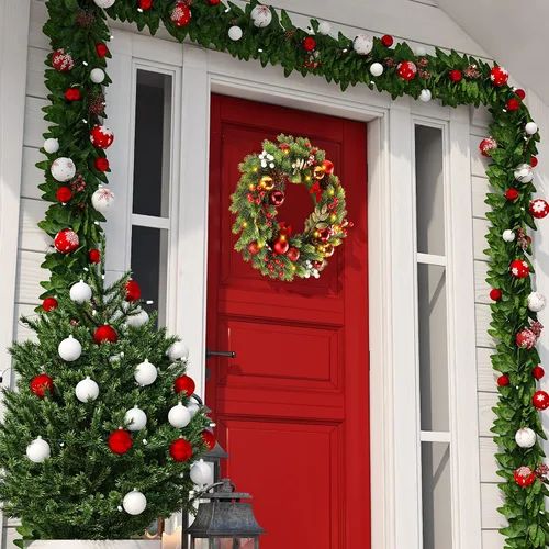 Vista 3 de Sggvecsy Corona de Navidad Artificial de 17 Pulgadas para Puerta Principal con 20 Luces LED Agujas de Pino Bolas de Navidad Bayas Rojas Blancas