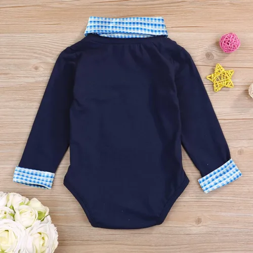 Vista 4 de Mameluco de manga larga para bebé niño, para primer cumpleaños, a cuadros, cuello alto