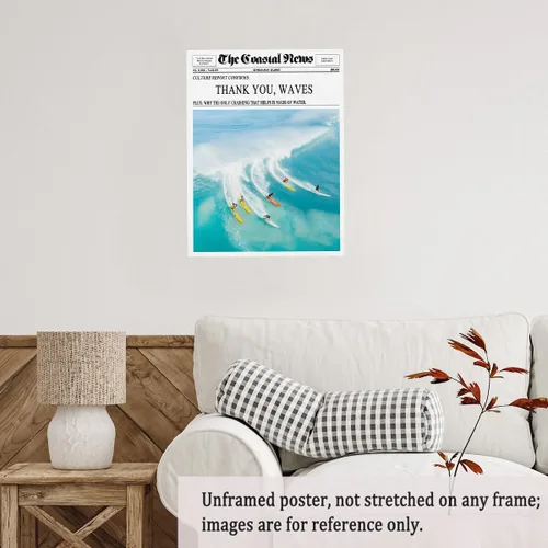 Vista 4 de The Coastal News Surf Culture - Póster de lienzo estilo periódico, póster impreso con ondas de agradecimiento y surf en el océano, póster moderno