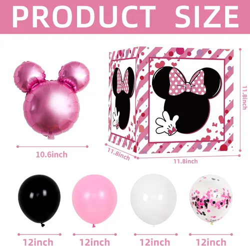 Vista 3 de Suministros de cajas de globos para fiesta de primer cumpleaños para bebé, niñas 3 piezas con temática de ratón rosa, cajas de globos de un año
