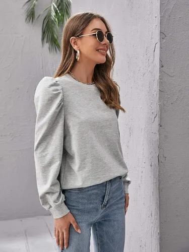 Vista 4 de Romwe Sudadera casual de manga larga abombada con cuello redondo para mujer