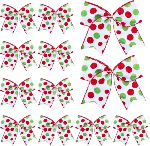 Vista 9 de DIYDEC 12 lazos ornamentales de Navidad de 6.3 pulgadas, lazos grandes para corona de Navidad, rojo y verde, lazos para árbol de Navidad con puntos