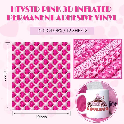 Vista 2 de Vinilo adhesivo permanente con patrón de San Valentín, 12 unidades, 12 x 10 pulgadas 3D Pink Patterns,Vibrant Color,Smooth Transfer,Easy Cut &
