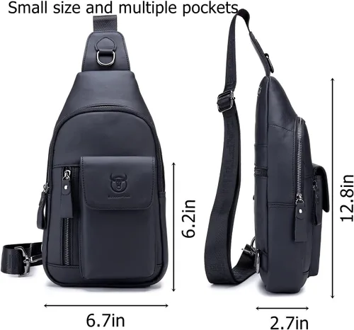 Vista 2 de BULLCAPTAIN Bolso cruzado de cuero genuino para hombre, bolso cruzado de viaje, casual, con múltiples bolsillos, para senderismo, mochilas