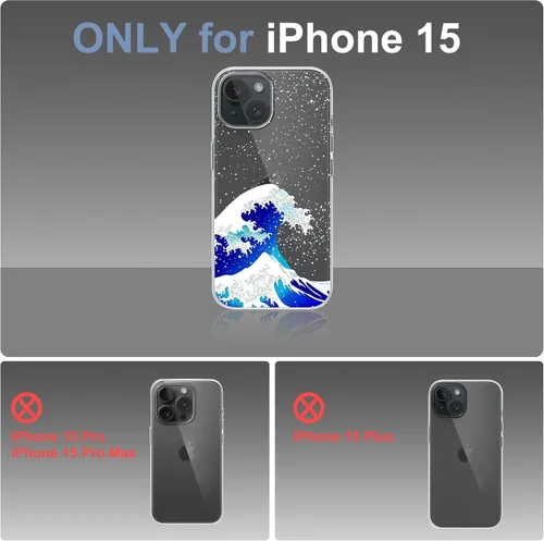 Vista 5 de Funda diseñada para iPhone 15, diseño de ondas en cielo estrellado, funda transparente de teléfono para mujer con ondas japonesas para iPhone 15, a