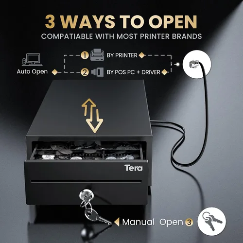 Vista 4 de Tera Cajón de caja registradora 8 "Mini: 4 billetes 6 monedas pequeño cajón de efectivo abierto automático con ranura para medios 24V Cable RJ12