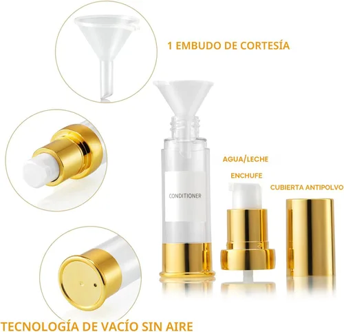 Vista 4 de Juego de viaje con botella de bombeo al vacío dorada sin aire con caja, bomba de vacío cosmética recargable, como jabón de manos, tónico, base