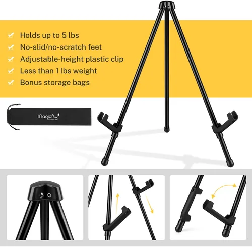 Vista 4 de Magicfly Paquete de 6 caballetes de mesa, caballetes de mesa de acero negro para exhibición, caballete de trípode ajustable y portátil con 6 bolsas