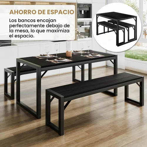 Vista 4 de SHA CERLIN Juego de mesa de comedor de cocina para 4 personas con bancos, comedor rústico pequeño que ahorra espacio, marco de metal resistente