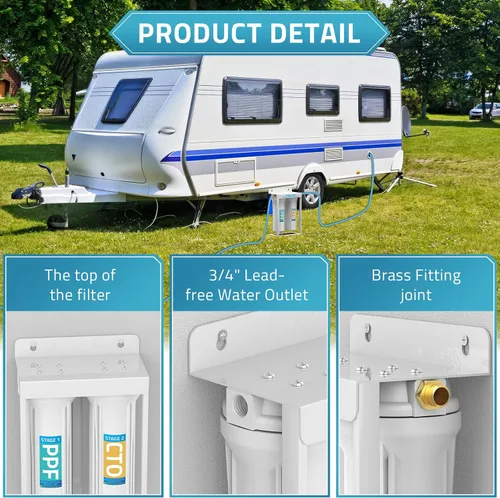 Vista 3 de PAULINN Sistema de Filtros de Agua Dobles Externos para RV, Filtro de Agua para Caravana Libre de Plomo y BPA con Accesorios de Latón y Soporte