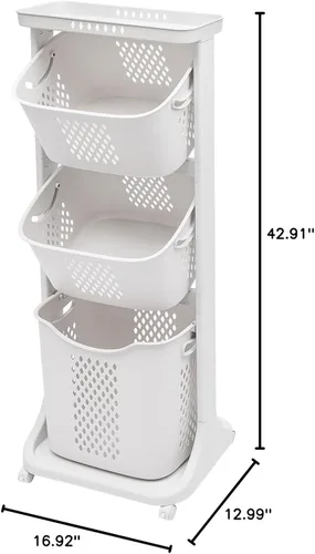 Vista 9 de Cesta de lavandería para baño, cesta de almacenamiento de ropa multicapa, cesta de lavandería de 3 niveles con ruedas, cesta clasificadora de ropa