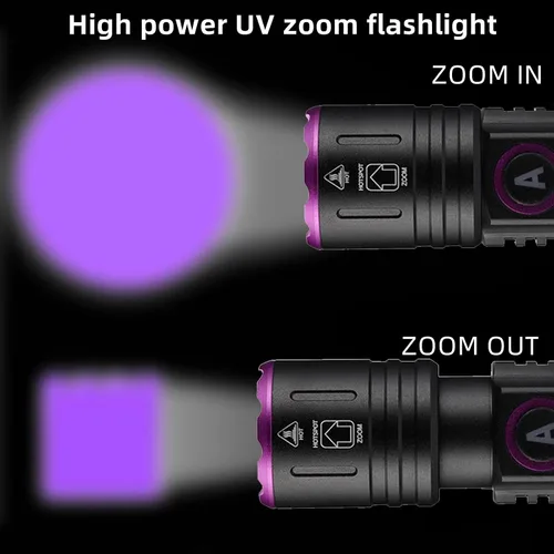 Vista 2 de ALONEFIRE SV87 395nm Linterna UV Zoom 5W Tipo C USB recargable luz negra detector de dinero para curado de resina, detección de orina de mascotas