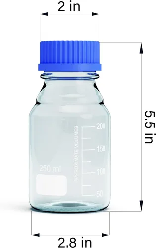 Vista 3 de Botellas de vidrio de borosilicato - 2 botellas redondas de almacenamiento de medios - 8.5 fl oz con tapa de rosca azul GL45