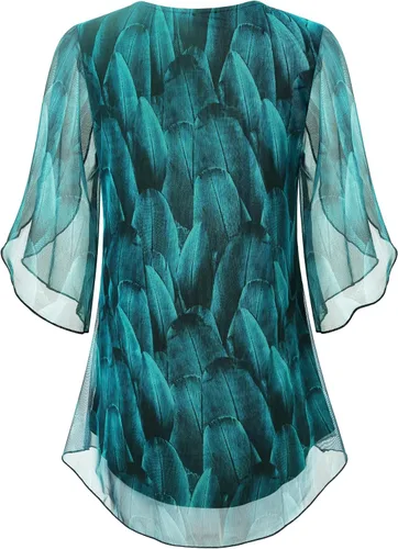 Vista 2 de SeSe Code Blusas de malla de manga 34, con volantes, para mujer, sueltas, holgadas y elásticas