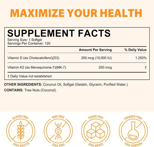Vista 4 de flasture Suplemento de Vitamina D3 K2 en Cápsulas Blandas, 10000 UI de VIT D3 + 200 MCG de K2 (MK-7) Fórmula 2-en-1 para Reposición con Aceite