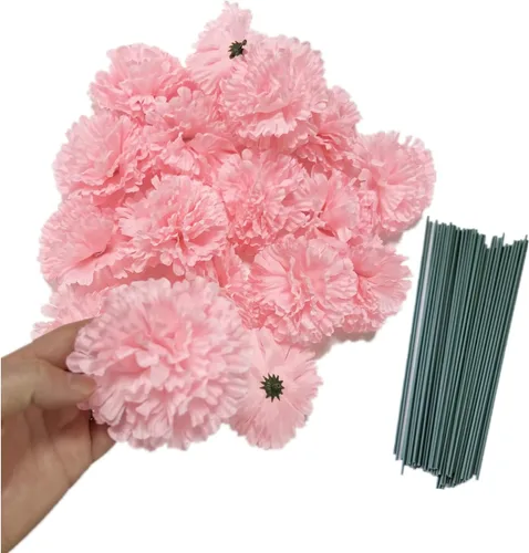 Vista 9 de Rikyo Juego de 50 cabezas de flores de clavel de seda artificial con tallos, rellenos de jarrón para decoración del hogar, fiesta, cumpleaños Champán