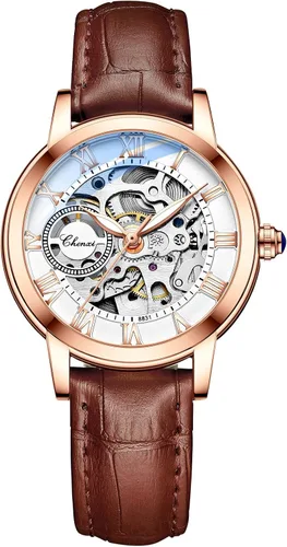 Vista 13 de MASTOP Relojes de mujer de zafiro automáticos Steampunk de cuerda automática mecánicos con pulsera de oro, reloj de esqueleto para mujer con correa