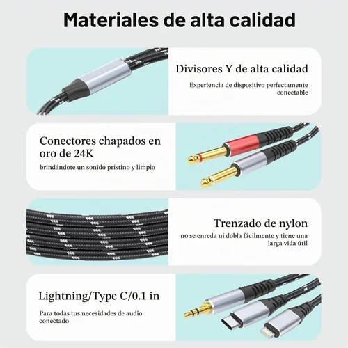 Vista 3 de Cable divisor en Y estéreo de Lightning a dual de 6,35 mm 1/4" TS mono, cable de audio 3 en 1 a dual de 1/4 pulgada, compatible con amplificadores