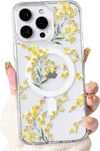 Vista 47 de NITITOP Funda magnética transparente compatible con iPhone 14 Plus/15 Plus, compatible con MagSafe lindas flores, hojas florales para mujeres