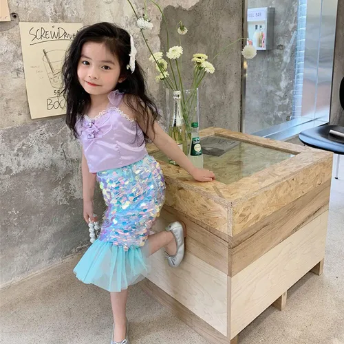 Vista 2 de Vestido de lentejuelas con cola de sirena para bebés y niñas, vestido de tul para cumpleaños, vestido casual de playa, ropa de fiesta