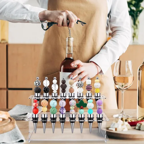 Vista 5 de Menkxi 2 tapones para botellas de vino, escaleras, 16 ranuras, acrílico transparente, 2 niveles, soporte para tapón de vino, soporte de exhibición