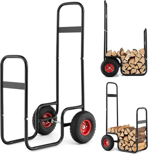 Vista 4 de Giantex Carrito de leña para leña, estante de madera para almacenamiento, carrito de almacenamiento de fuego rodante, carrito de almacenamiento