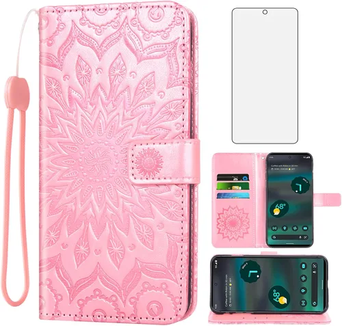 Vista 11 de Asuwish Funda de teléfono para Google Pixel 6A 5G 2022 con protector de pantalla de vidrio templado y piel de girasol, funda delgada con tapa
