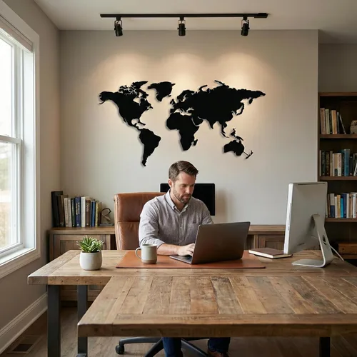 Vista 3 de DEKADRON Arte de pared de metal, mapa del mundo de metal, continentes de Asia, Europa, América y Australia, decoración de pared de metal, letrero
