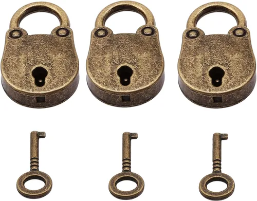 Vista 4 de Candado de bronce de estilo antiguo vintage de 3 piezas, pequeño candado de metal estilo arcaize, con llave para caja de joyería, caja