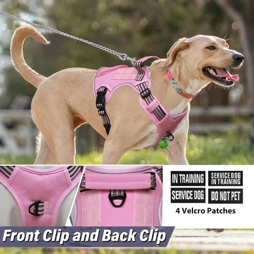 Vista 6 de Arnés táctico para perros grandes, chaleco de servicio militar resistente sin tirones con asa de control y 4 parches, arnés ajustable reflectante
